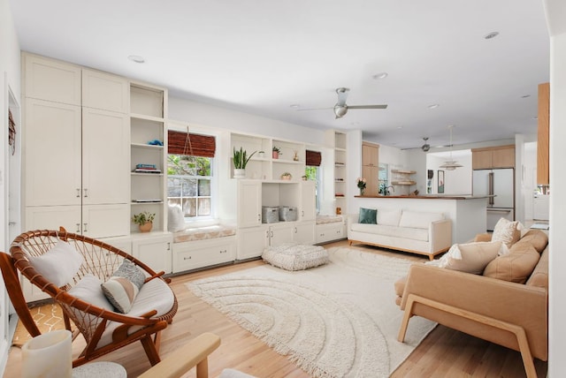 1608 Hether St, Austin, TX 78704 - living room featuring light wood-type flooring, ceiling fan, and recessed lighting