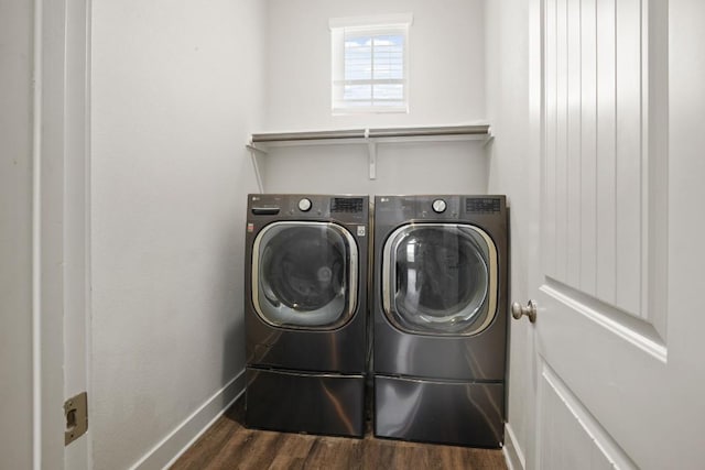18017 Prato Dr, Pflugerville, TX 78660 - washroom featuring washer and dryer and dark wood-type flooring
