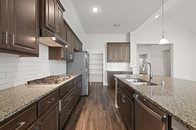 18017 Prato Dr, Pflugerville, TX 78660 - kitchen with appliances with stainless steel finishes, under cabinet range hood, dark wood-style floors, light stone countertops, and dark brown cabinets