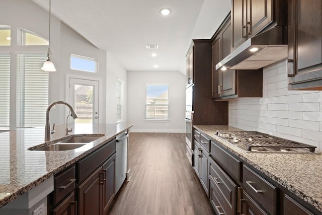 18017 Prato Dr, Pflugerville, TX 78660 - kitchen featuring stainless steel appliances, under cabinet range hood, dark brown cabinets, dark wood-style flooring, and decorative backsplash