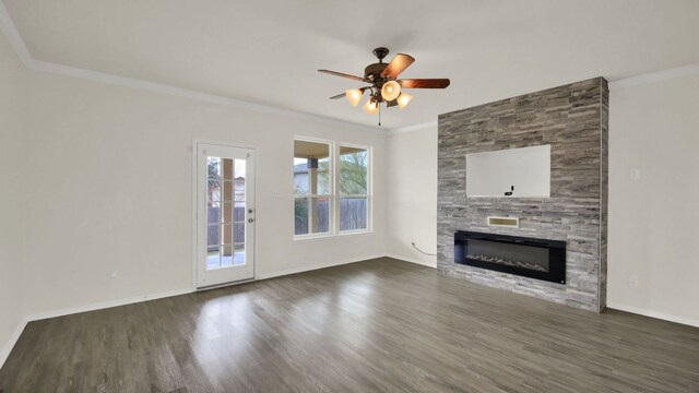 12505 Franklin D Roosevelt St, Manor, TX 78653 - unfurnished living room with dark wood finished floors, a ceiling fan, crown molding, and a fireplace