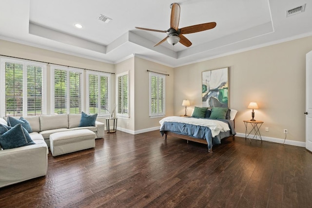 11516 Shoreview Overlook, Austin, TX 78732 - bedroom featuring a raised ceiling, wood finished floors, a ceiling fan, and recessed lighting