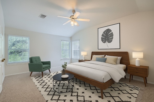 2608 Dryden St, Austin, TX 78748 - carpeted bedroom with lofted ceiling, multiple windows, and a ceiling fan