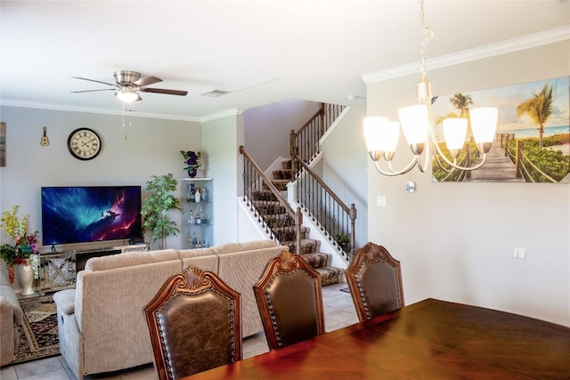 2471 Sunrise Rd Unit 35, Round Rock, TX 78664 - dining space with a ceiling fan, ornamental molding, stairs, light tile patterned flooring, and a chandelier