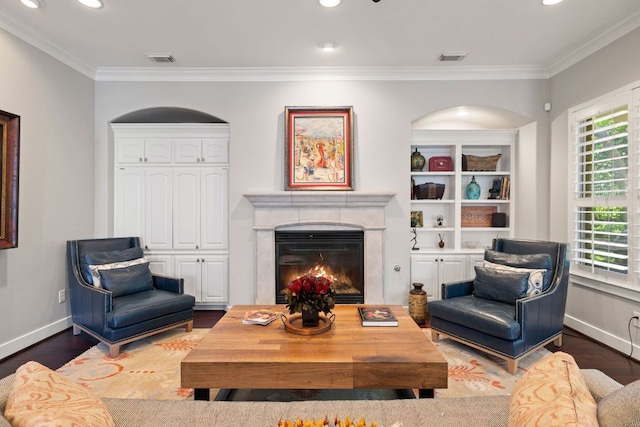 1036 Liberty Park Dr Unit 46, Austin, TX 78746 - living room with crown molding, wood finished floors, recessed lighting, and a fireplace