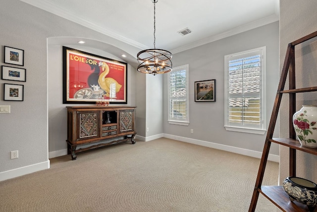 1036 Liberty Park Dr Unit 46, Austin, TX 78746 - dining area with ornamental molding, a chandelier, and carpet flooring