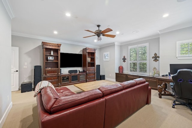 1036 Liberty Park Dr Unit 46, Austin, TX 78746 - living room featuring a desk, light carpet, recessed lighting, ceiling fan, and crown molding