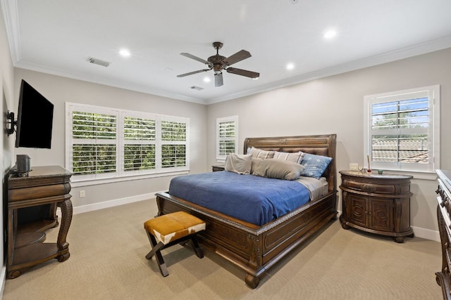 1036 Liberty Park Dr Unit 46, Austin, TX 78746 - bedroom featuring light colored carpet, recessed lighting, ornamental molding, and ceiling fan