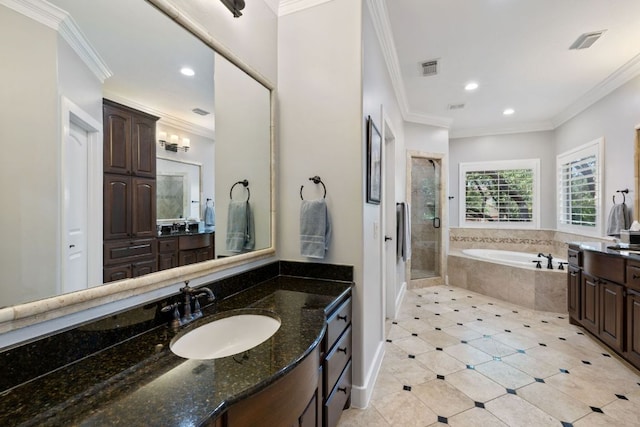 1036 Liberty Park Dr Unit 46, Austin, TX 78746 - full bathroom with two vanities, a shower stall, a garden tub, tile patterned floors, and recessed lighting
