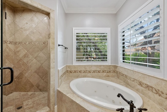 1036 Liberty Park Dr Unit 46, Austin, TX 78746 - full bathroom featuring a jetted tub, a shower stall, and ornamental molding