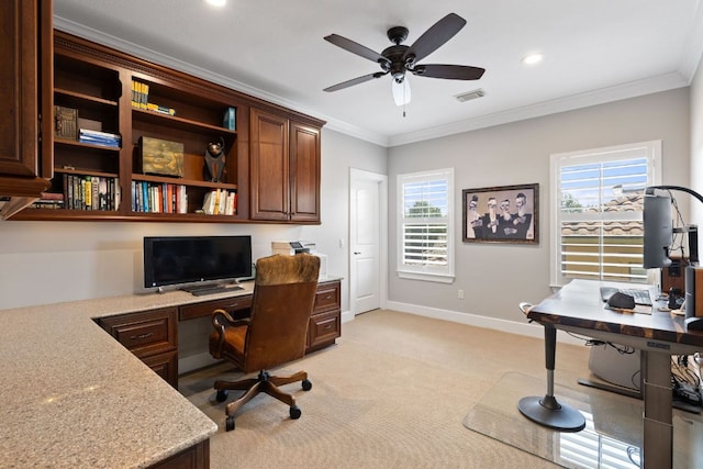 1036 Liberty Park Dr Unit 46, Austin, TX 78746 - office area featuring light colored carpet, ceiling fan, ornamental molding, recessed lighting, and built in study area