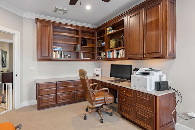 1036 Liberty Park Dr Unit 46, Austin, TX 78746 - home office with ceiling fan, built in study area, ornamental molding, and light carpet