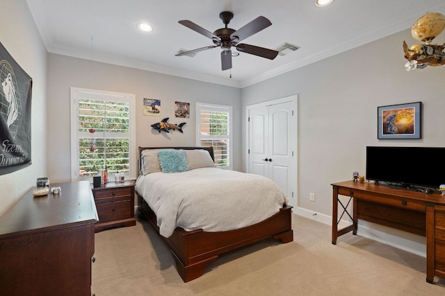 1036 Liberty Park Dr Unit 46, Austin, TX 78746 - bedroom with light carpet, multiple windows, ornamental molding, recessed lighting, and a closet