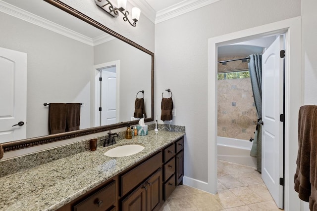 1036 Liberty Park Dr Unit 46, Austin, TX 78746 - bathroom with crown molding, vanity, shower / tub combo with curtain, and tile patterned flooring