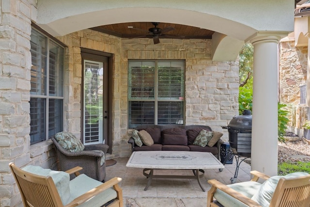 1036 Liberty Park Dr Unit 46, Austin, TX 78746 - view of patio / terrace featuring a ceiling fan, an outdoor hangout area, and area for grilling