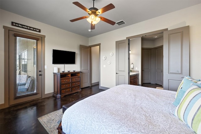 186 Sleepy Oaks Dr, Kingsland, TX 78639 - bedroom with access to outside, connected bathroom, and a ceiling fan