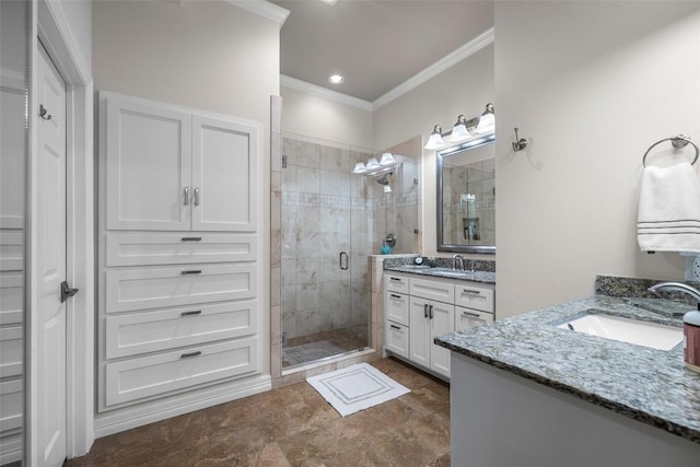 7815 Moritz Ln, Austin, TX 78731 - full bathroom with two vanities, ornamental molding, and a stall shower