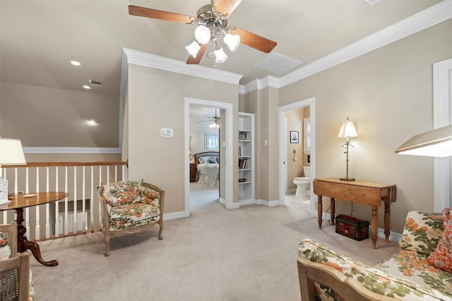 7815 Moritz Ln, Austin, TX 78731 - living area with ceiling fan, crown molding, and carpet flooring