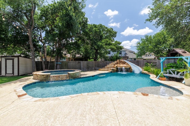 2843 Nolina Ln, Round Rock, TX 78681 - view of pool featuring a fenced backyard, a shed, a pool with connected hot tub, and a patio
