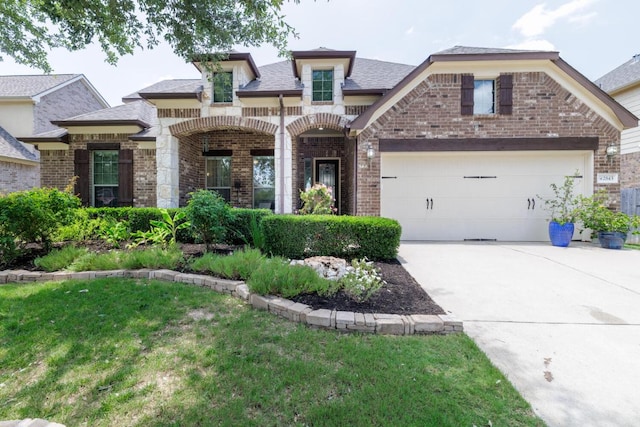 2843 Nolina Ln, Round Rock, TX 78681 - view of front of house with brick siding, driveway, a shingled roof, and a front yard