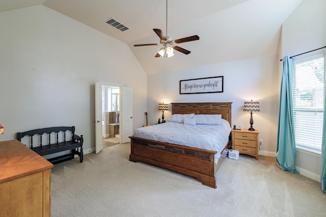 2843 Nolina Ln, Round Rock, TX 78681 - bedroom featuring light colored carpet, multiple windows, high vaulted ceiling, and ceiling fan