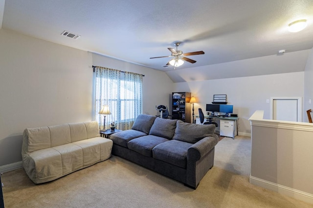 2843 Nolina Ln, Round Rock, TX 78681 - living room with a ceiling fan, light carpet, an office area, and lofted ceiling