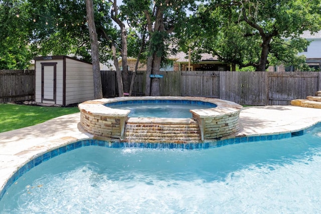 2843 Nolina Ln, Round Rock, TX 78681 - view of swimming pool with a shed, a fenced backyard, a pool with connected hot tub, and a patio area
