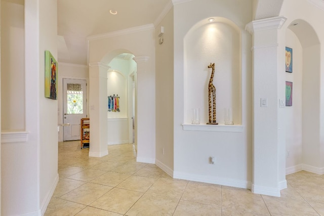 1003 Overlook Bnd, Leander, TX 78641 - hall featuring ornamental molding, tile patterned flooring, arched walkways, and ornate columns