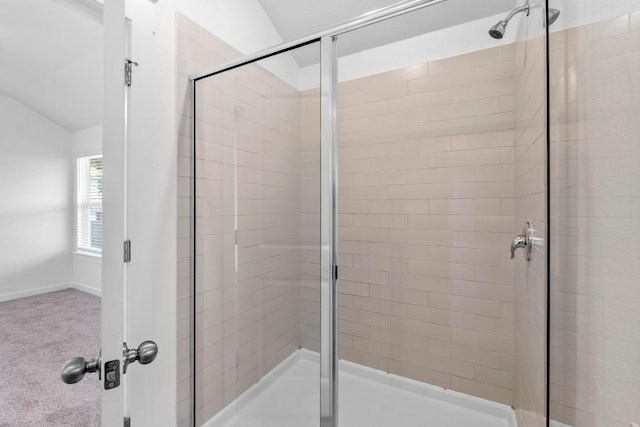 225 Lambert St, Leander, TX 78641 - full bath featuring a shower stall and lofted ceiling