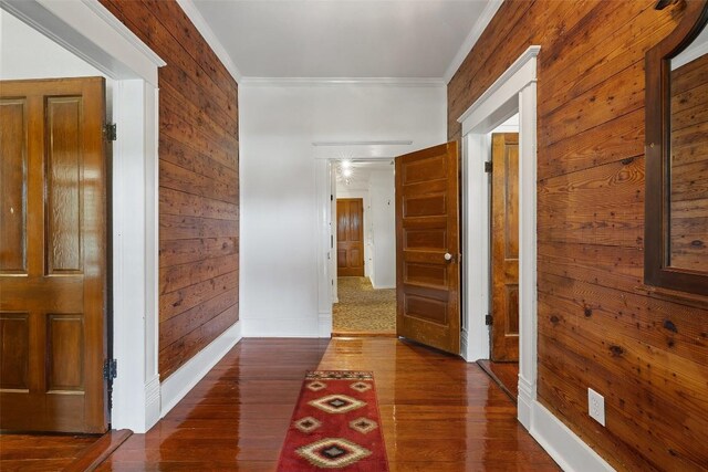 104 S 1st St, Thorndale, TX 76577 - corridor with ornamental molding, wood walls, and dark wood-style flooring