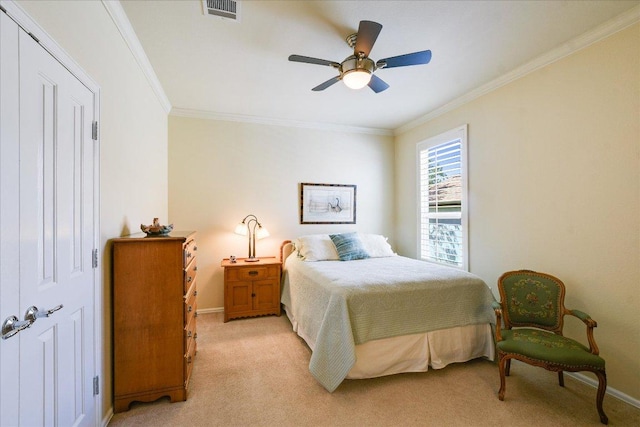 203 Mustang Island Trl, Georgetown, TX 78633 - bedroom featuring crown molding, light colored carpet, and ceiling fan
