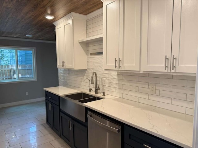 6609 Capriola Dr, Austin, TX 78745 - kitchen featuring dishwasher, wooden ceiling, white cabinetry, light stone counters, and tasteful backsplash