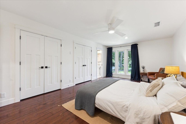 11308 Toledo Dr, Austin, TX 78759 - bedroom featuring two closets, wood finished floors, ceiling fan, and recessed lighting