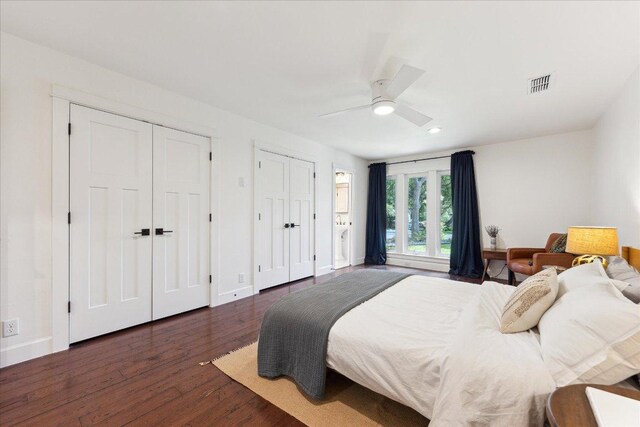 11308 Toledo Dr, Austin, TX 78759 - bedroom featuring wood finished floors, two closets, ceiling fan, and recessed lighting