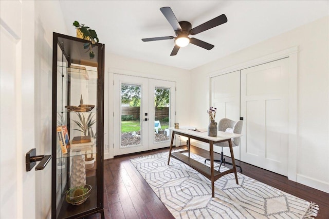 11308 Toledo Dr, Austin, TX 78759 - office with french doors, dark wood finished floors, and a ceiling fan
