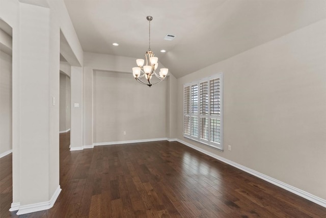 7901 Arbor Knoll Ct, Lago Vista, TX 78645 - unfurnished room with a chandelier, dark wood finished floors, and lofted ceiling