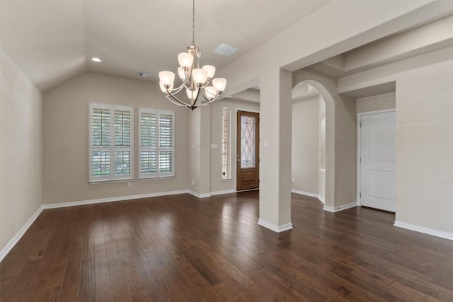 7901 Arbor Knoll Ct, Lago Vista, TX 78645 - unfurnished dining area with arched walkways, a chandelier, dark wood-style floors, lofted ceiling, and recessed lighting