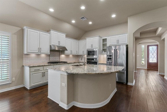 7901 Arbor Knoll Ct, Lago Vista, TX 78645 - kitchen featuring stainless steel appliances, under cabinet range hood, arched walkways, dark wood-style flooring, and lofted ceiling