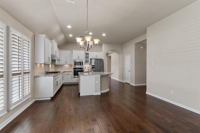 7901 Arbor Knoll Ct, Lago Vista, TX 78645 - kitchen featuring stainless steel appliances, a chandelier, arched walkways, under cabinet range hood, and tasteful backsplash