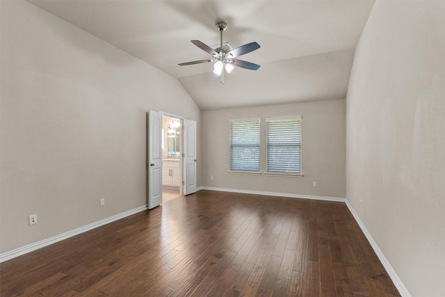 7901 Arbor Knoll Ct, Lago Vista, TX 78645 - empty room featuring ceiling fan, vaulted ceiling, and dark wood-style flooring
