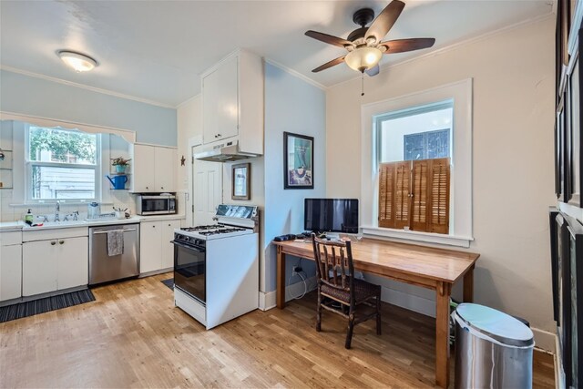 1508 Pease Rd, Austin, TX 78703 - kitchen featuring stainless steel appliances, under cabinet range hood, crown molding, white cabinetry, and light countertops
