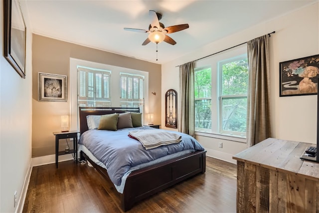 1508 Pease Rd, Austin, TX 78703 - bedroom featuring multiple windows, dark wood-style flooring, and ceiling fan