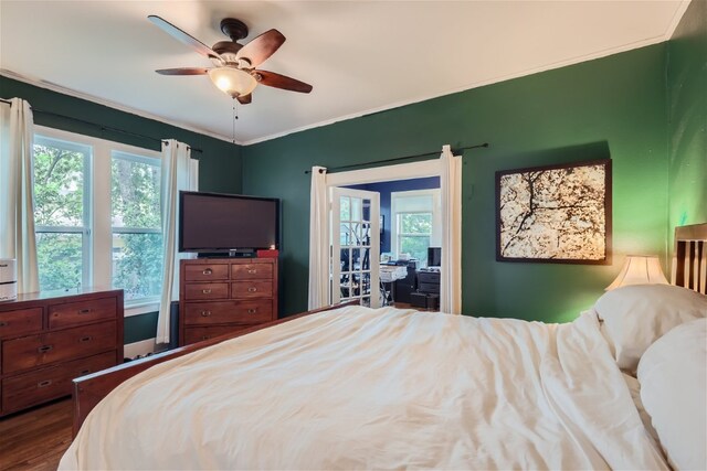 1508 Pease Rd, Austin, TX 78703 - bedroom featuring multiple windows, crown molding, and ceiling fan
