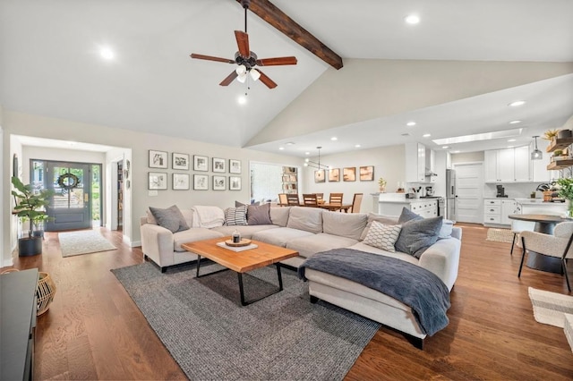 8714 Silverhill Ln, Austin, TX 78759 - living room with beam ceiling, a ceiling fan, high vaulted ceiling, light wood-style floors, and recessed lighting