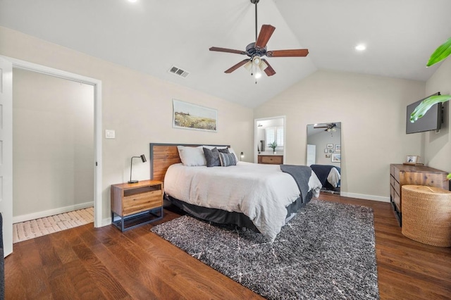 8714 Silverhill Ln, Austin, TX 78759 - bedroom with wood finished floors, vaulted ceiling, ceiling fan, and recessed lighting