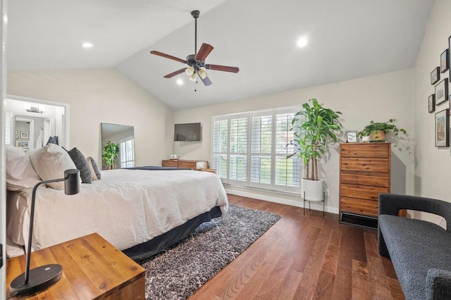 8714 Silverhill Ln, Austin, TX 78759 - bedroom featuring lofted ceiling, dark wood-style flooring, ceiling fan, and recessed lighting
