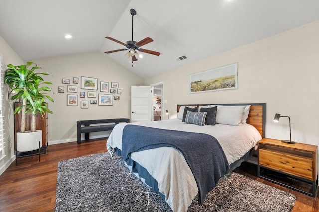 8714 Silverhill Ln, Austin, TX 78759 - bedroom featuring dark wood-style floors, vaulted ceiling, a ceiling fan, and recessed lighting