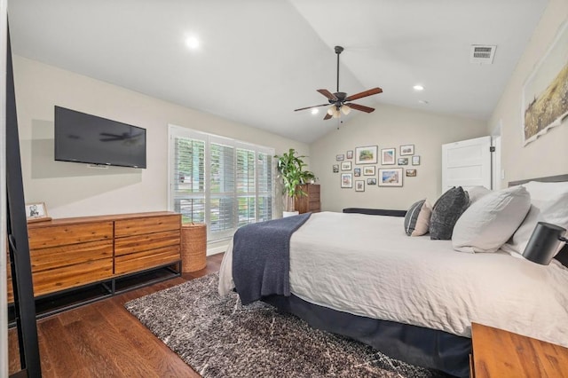 8714 Silverhill Ln, Austin, TX 78759 - bedroom with wood finished floors, lofted ceiling, a ceiling fan, and recessed lighting