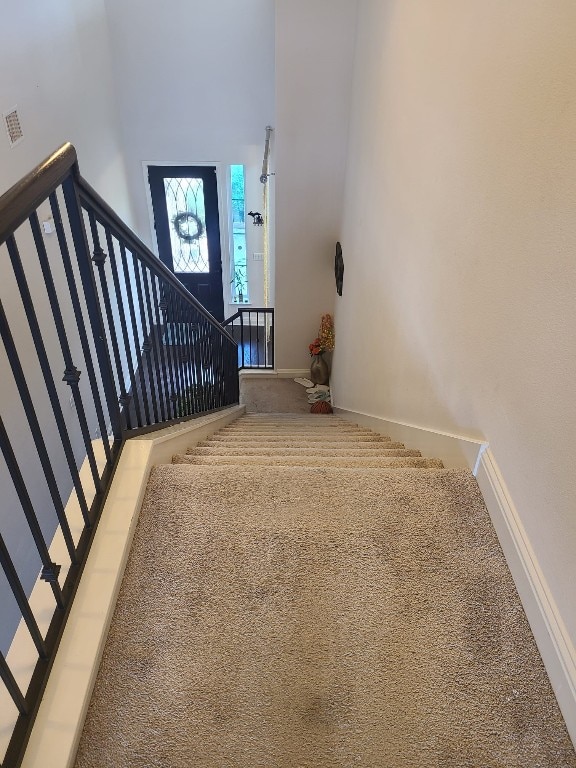 608 Cascada Ln, Round Rock, TX 78681 - stairs with carpet flooring and a high ceiling