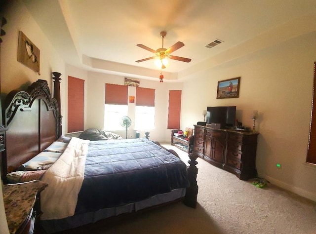 608 Cascada Ln, Round Rock, TX 78681 - bedroom featuring a raised ceiling, carpet, and a ceiling fan